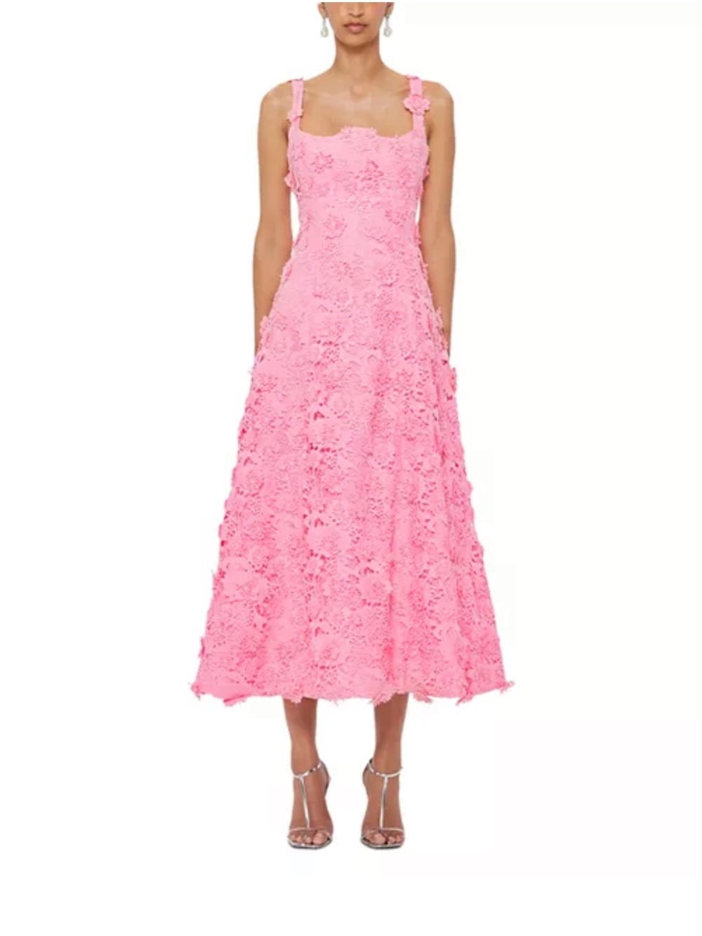 Leo Lin Pink Floral Appliqué Midi Dress